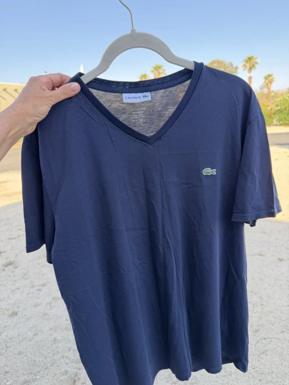 LACOSTE 100% pima cotton vneck navy blue tshirt logo L tenniscore capsule